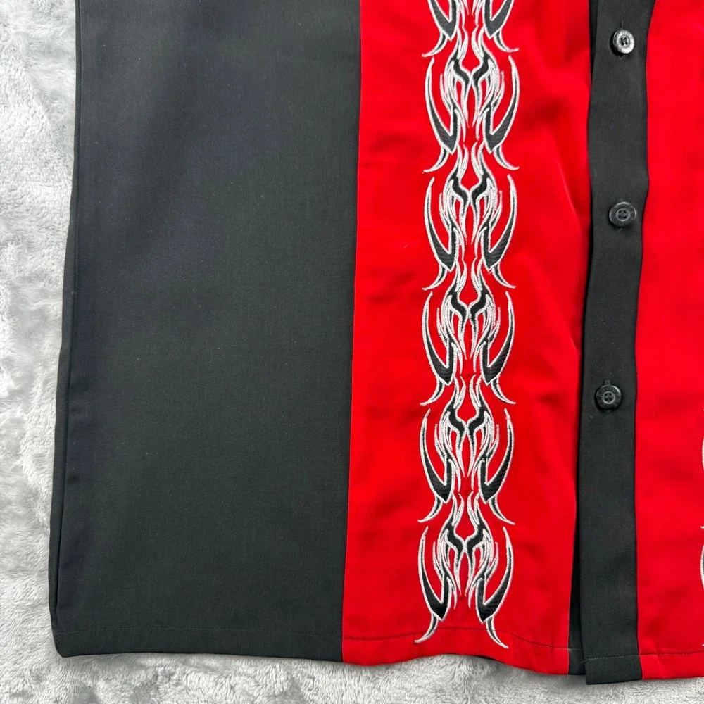 Vintage Dragonfly Clothing Co Tribal Flame Bowling Shirt Black Red XXL Y2K Biker